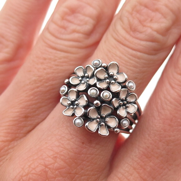 Unbranded Jewelry - Pandora Sterling Silver Enamel Real Pearl Cherry Blossom Bouquet Ring Size 7.75